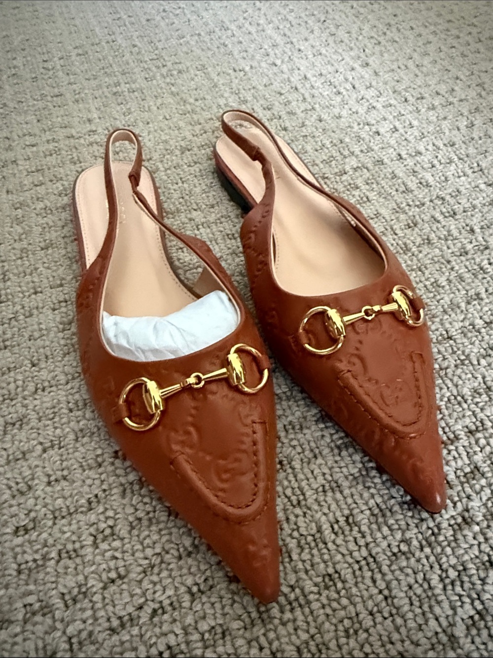 Gucci Brown Pointed Leather Slingback Mules with Gold Horsebit - Picture 4 of 4